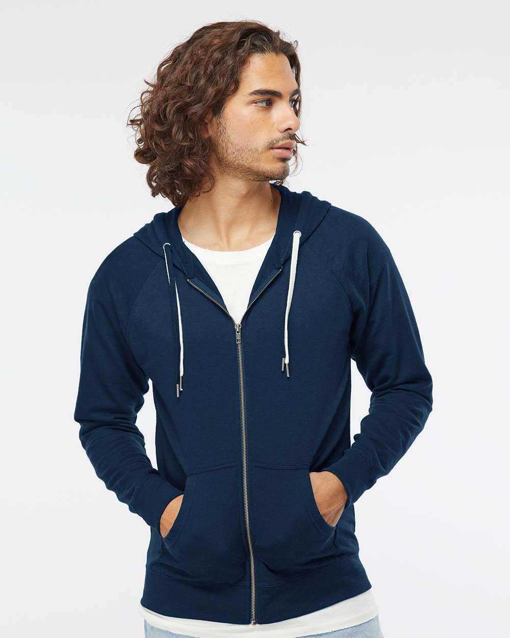 Unisex Icon Lightweight Loopback Terry Full-Zip Hooded Sweatshirt - OnModelFront - B11476652 - Indigo