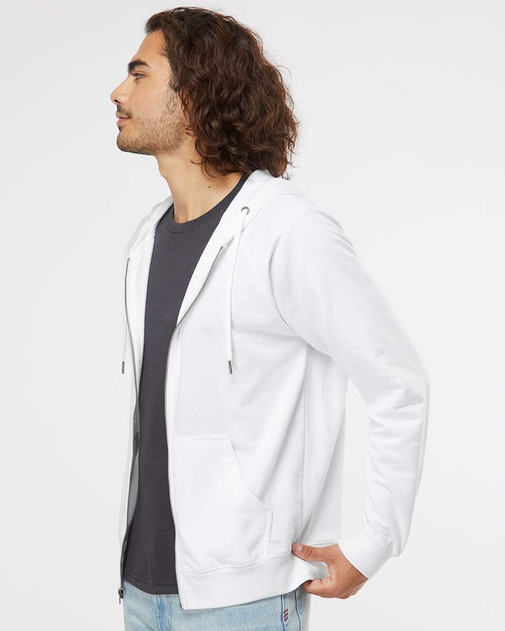 Unisex Icon Lightweight Loopback Terry Full-Zip Hooded Sweatshirt - OnModelSide - B11476002 - White