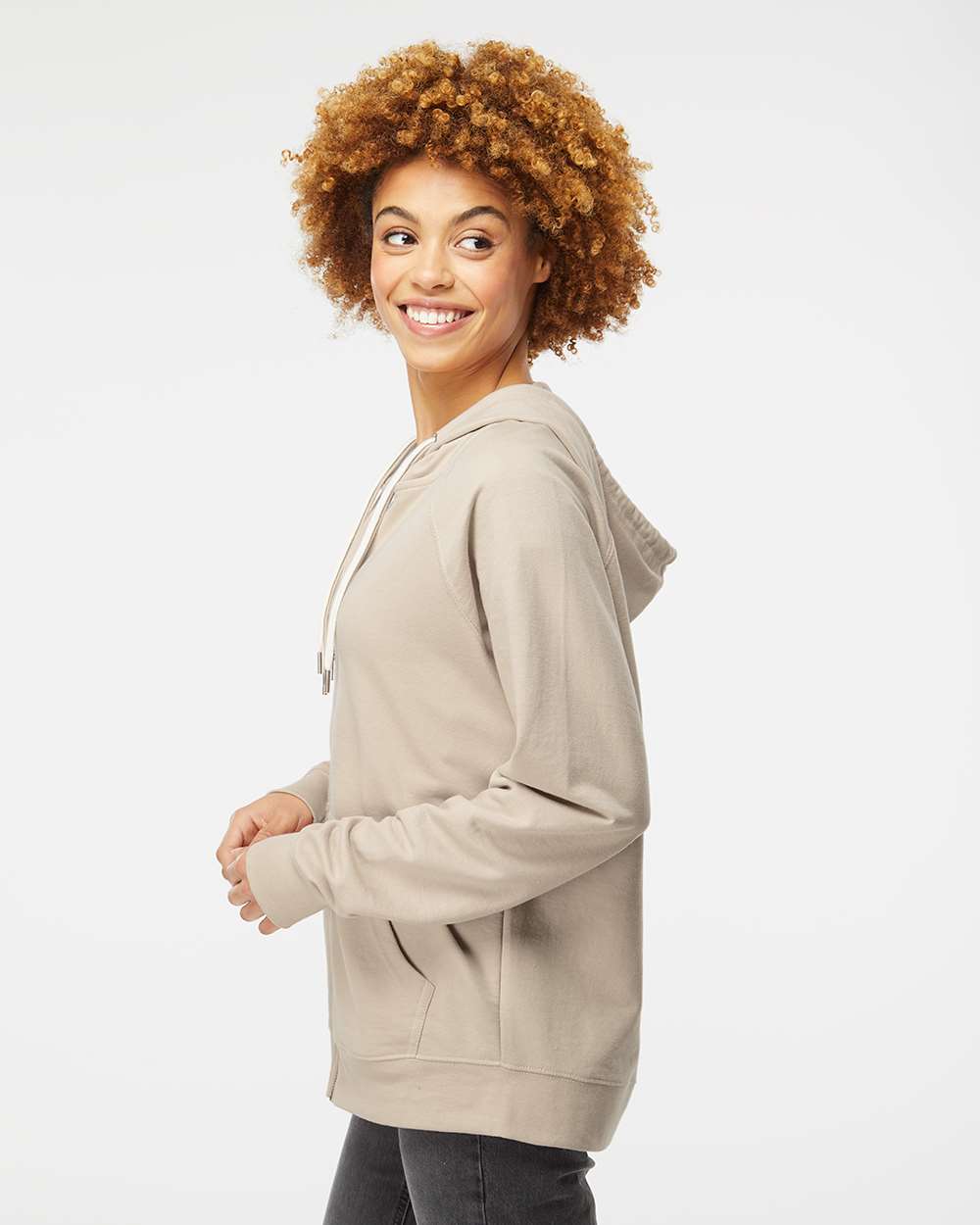 Unisex Icon Lightweight Loopback Terry Full-Zip Hooded Sweatshirt - OnModelSide - B11476112 - Sand