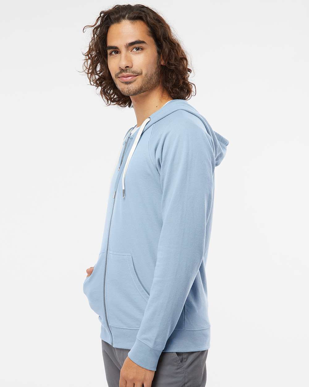 Unisex Icon Lightweight Loopback Terry Full-Zip Hooded Sweatshirt - OnModelSide - B11476252 - Misty Blue