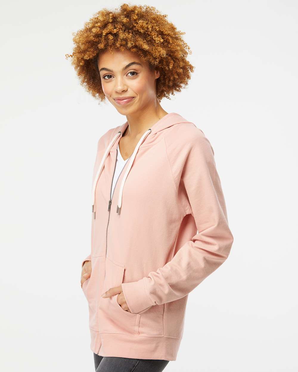 Unisex Icon Lightweight Loopback Terry Full-Zip Hooded Sweatshirt - OnModelSide - B11476307 - Rose