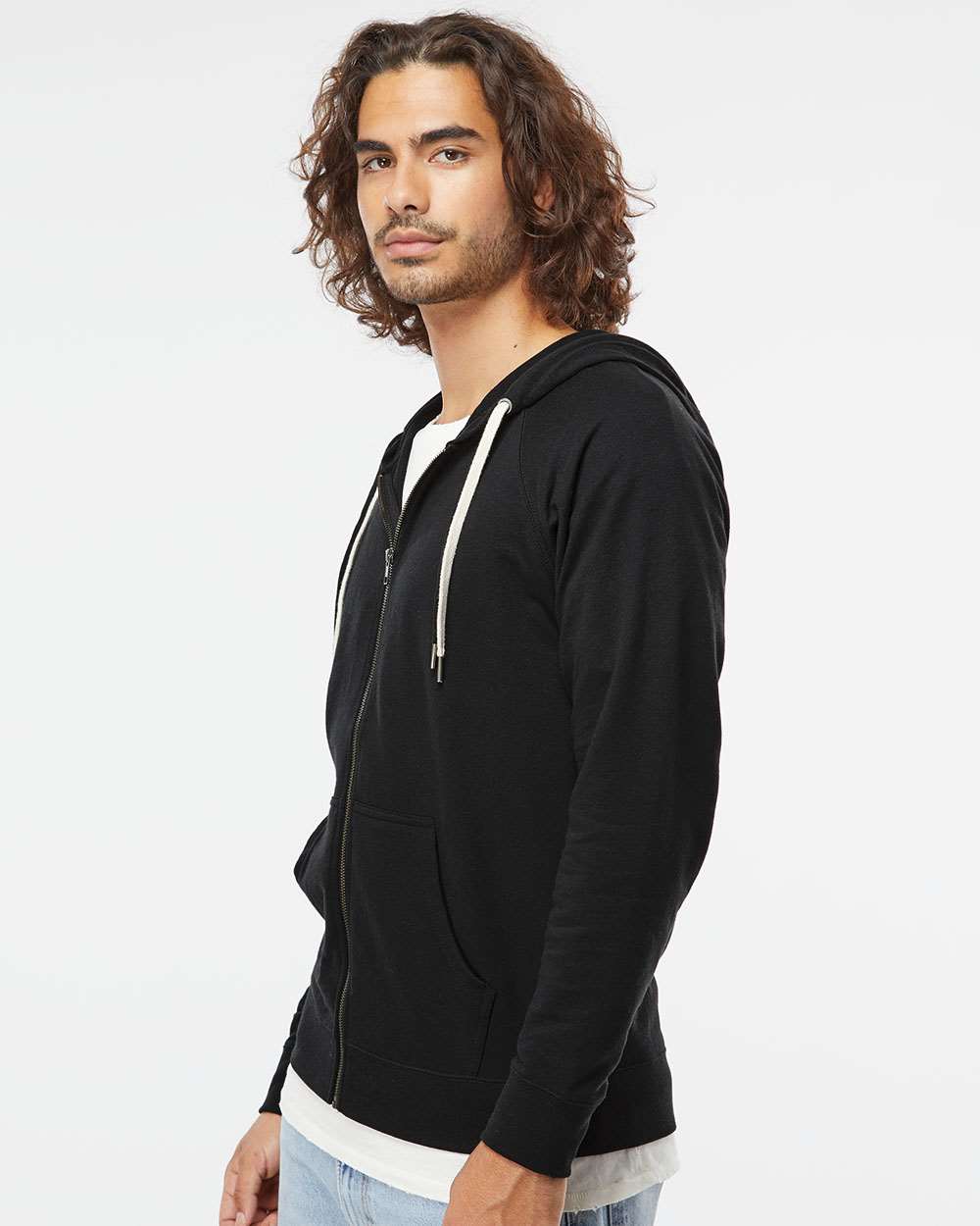 Unisex Icon Lightweight Loopback Terry Full-Zip Hooded Sweatshirt - OnModelSide - B11476502 - Black