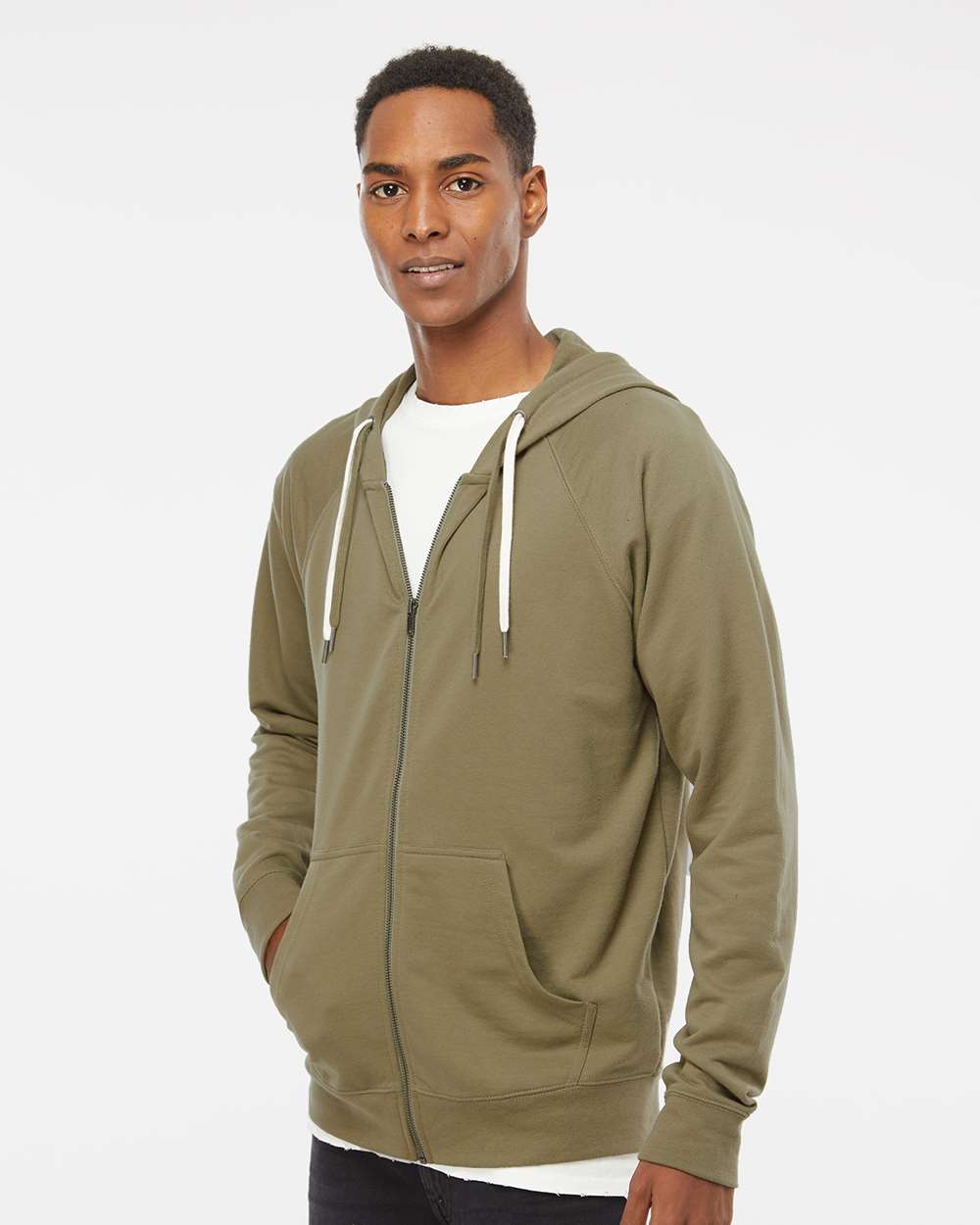 Unisex Icon Lightweight Loopback Terry Full-Zip Hooded Sweatshirt - OnModelSide - B11476642 - Olive