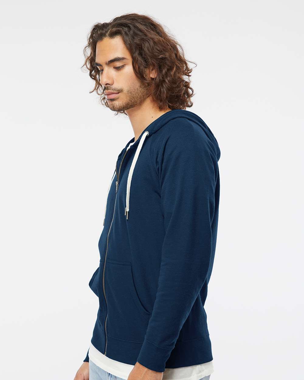 Unisex Icon Lightweight Loopback Terry Full-Zip Hooded Sweatshirt - OnModelSide - B11476652 - Indigo