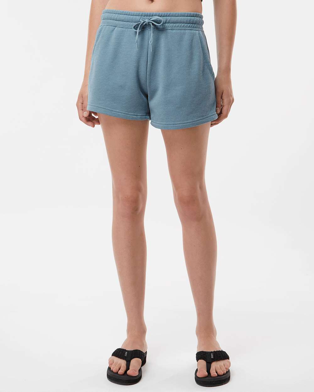 Women’s Lightweight California Wave Wash Fleece Shorts - OnModelFront - B03476252 - Misty Blue