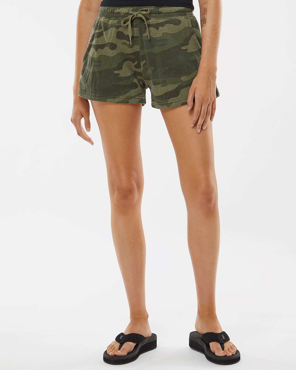 Women’s Lightweight California Wave Wash Fleece Shorts - OnModelFront - B03476622 - Forest Camo Heather