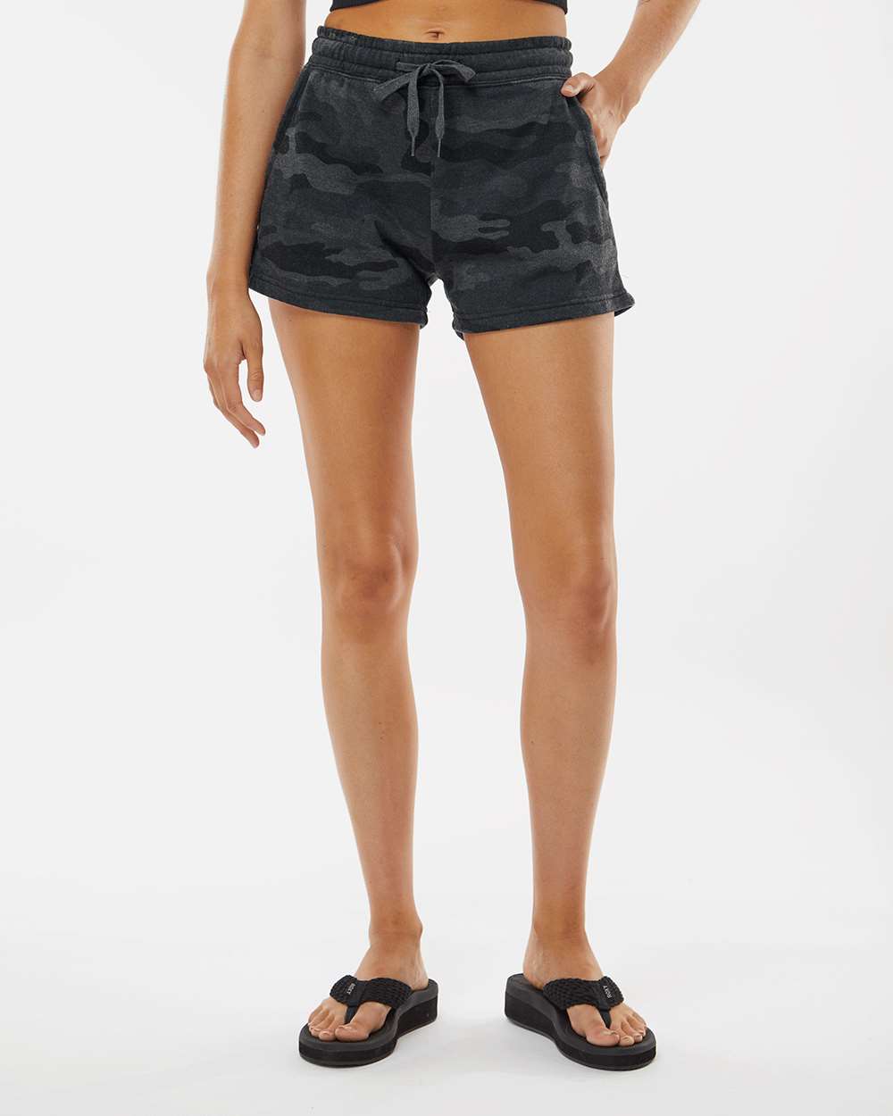 Women’s Lightweight California Wave Wash Fleece Shorts - OnModelFront - B03476982 - Black Camo Heather