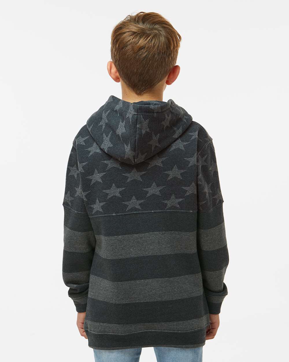 Youth Triblend Fleece Hooded Sweatshirt - OnModelBack - B08328453 - Black Stars & Stripes Triblend