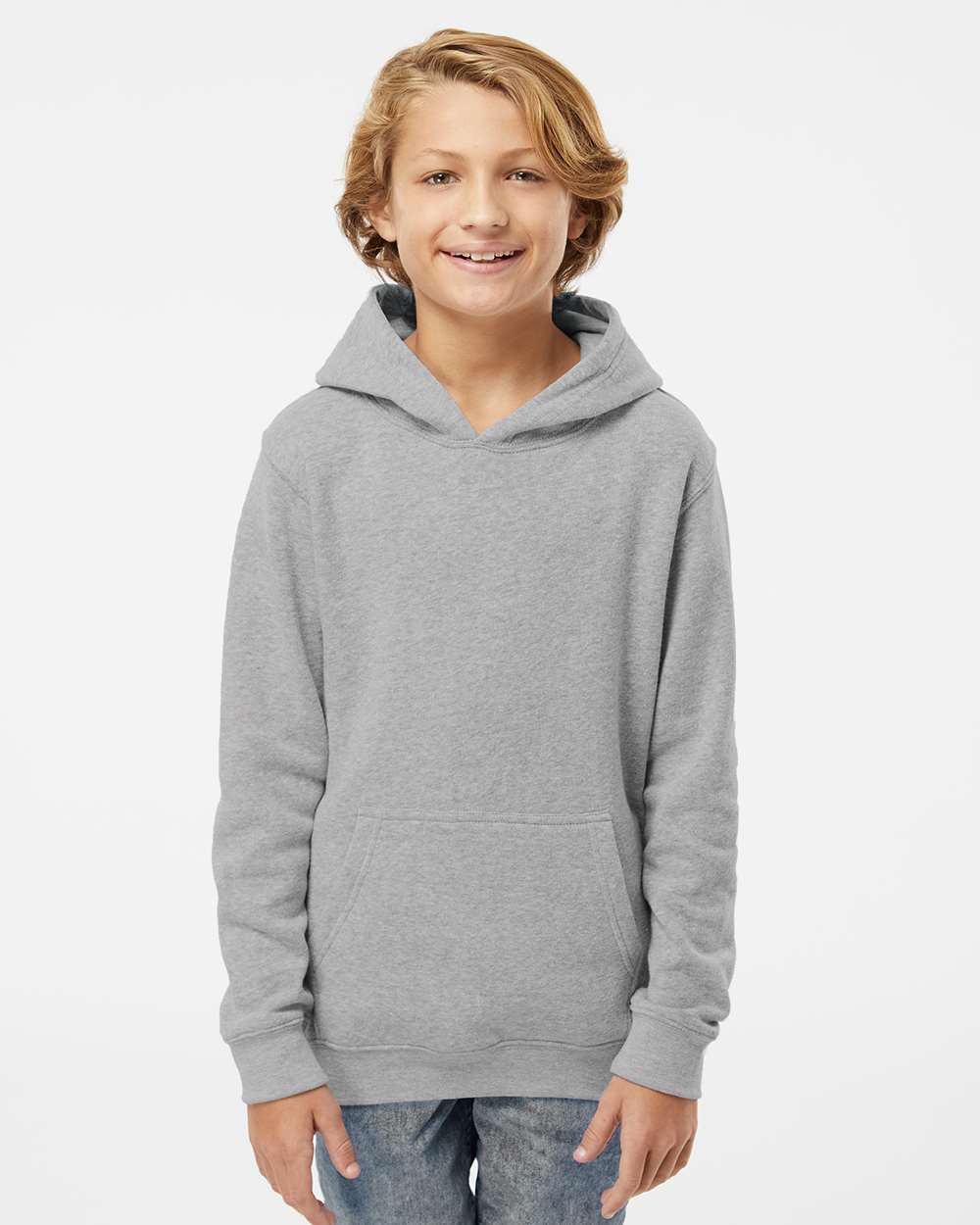 Youth Triblend Fleece Hooded Sweatshirt - OnModelFront - B08328354 - Grey Triblend