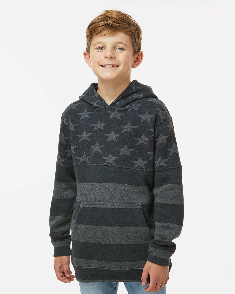 Youth Triblend Fleece Hooded Sweatshirt - OnModelFront - B08328453 - Black Stars & Stripes Triblend