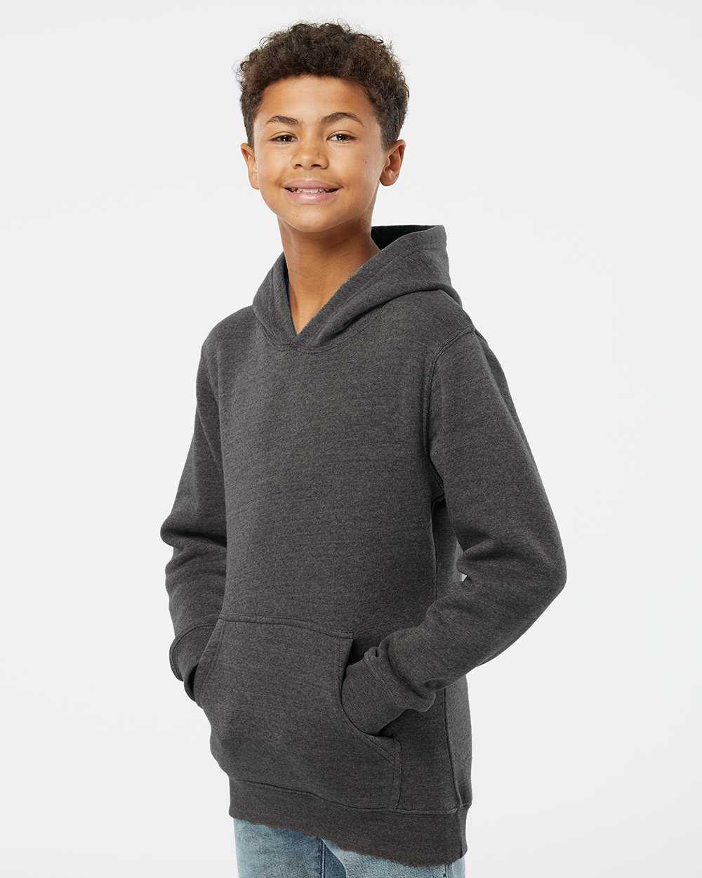 Youth Triblend Fleece Hooded Sweatshirt - OnModelSide - B08328104 - Black Triblend