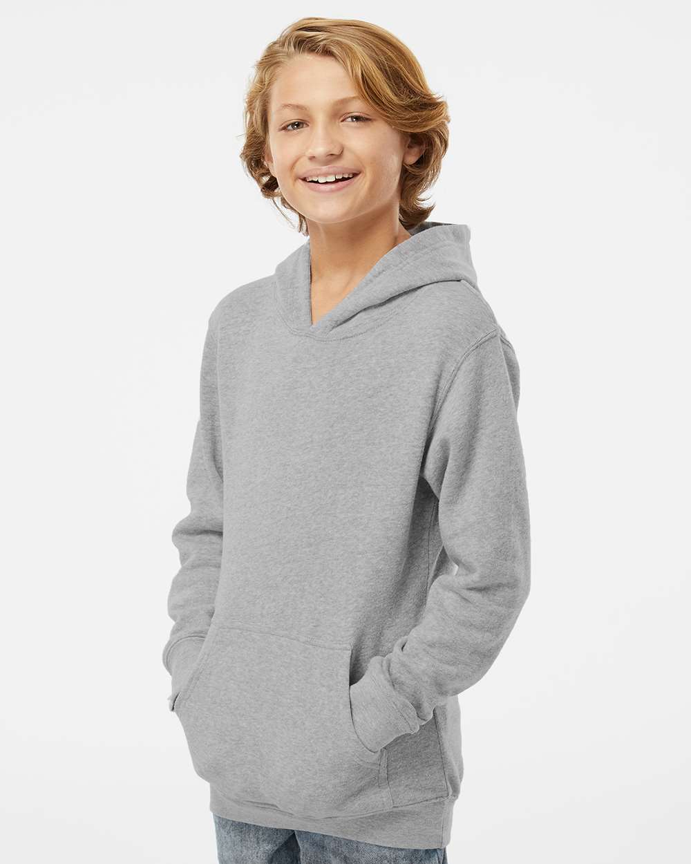 Youth Triblend Fleece Hooded Sweatshirt - OnModelSide - B08328354 - Grey Triblend