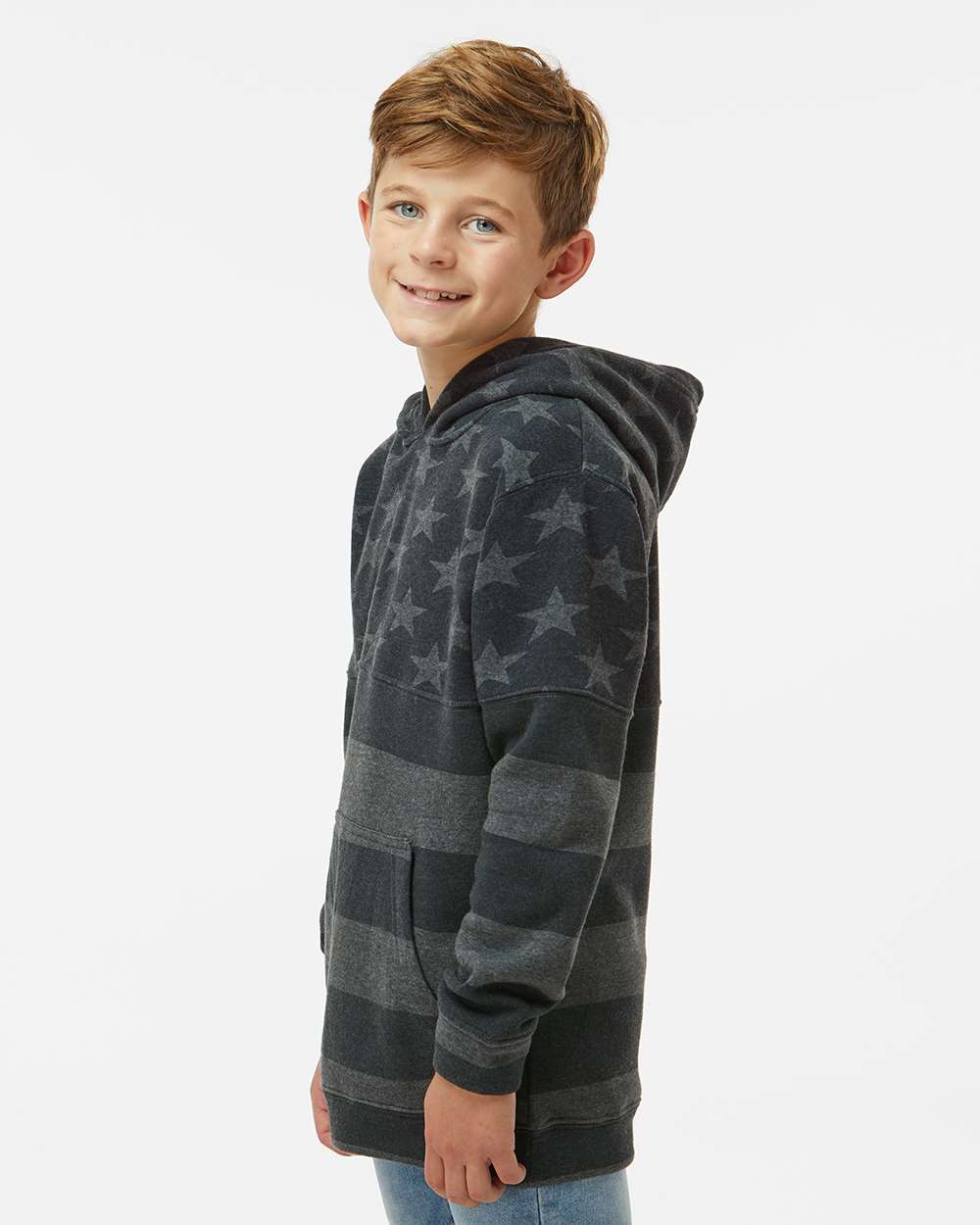 Youth Triblend Fleece Hooded Sweatshirt - OnModelSide - B08328453 - Black Stars & Stripes Triblend