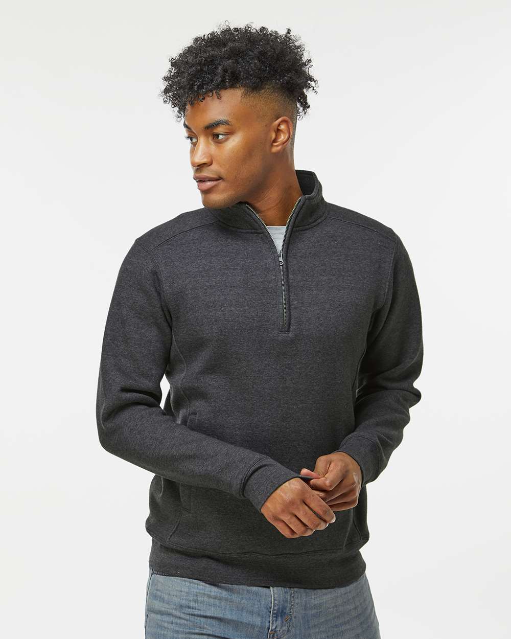 Unisex Heavyweight Fleece Quarter-Zip Sweatshirt - OnModelFront - B14528093 - Charcoal Heather