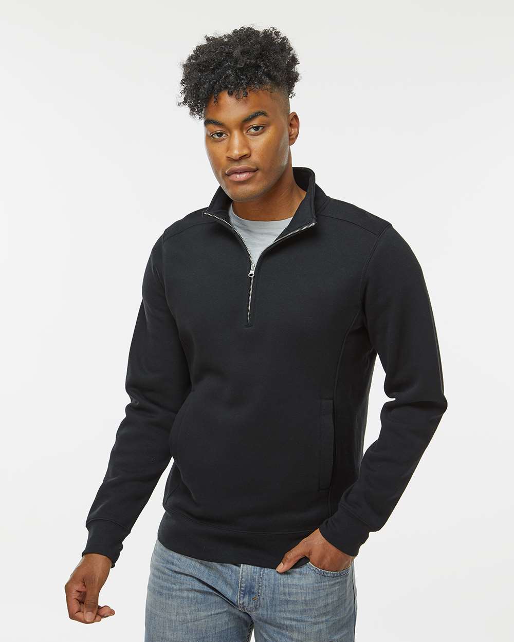 Unisex Heavyweight Fleece Quarter-Zip Sweatshirt - OnModelFront - B14528503 - Black