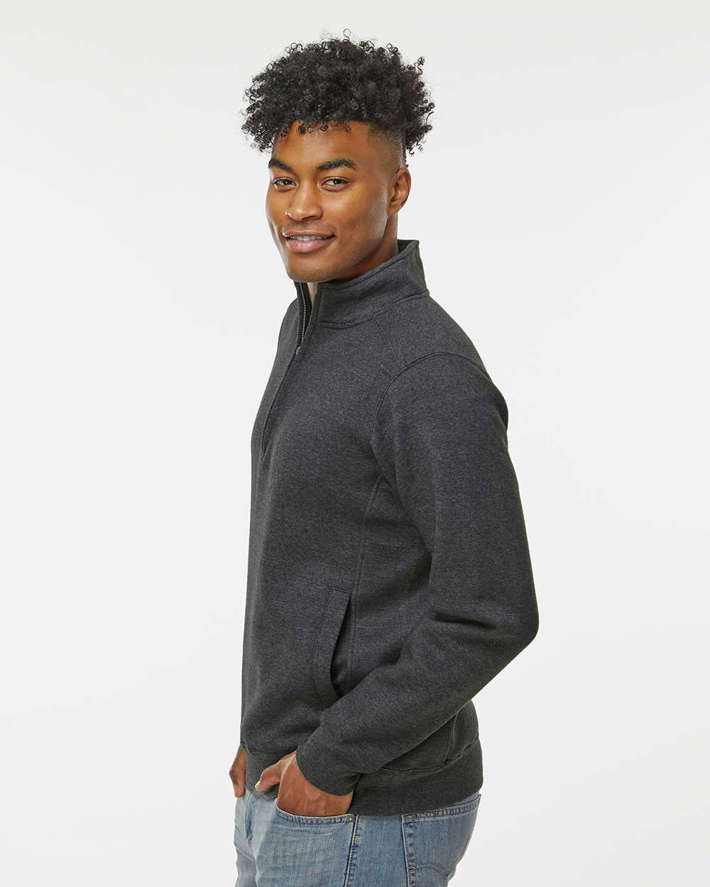 Unisex Heavyweight Fleece Quarter-Zip Sweatshirt - OnModelSide - B14528093 - Charcoal Heather