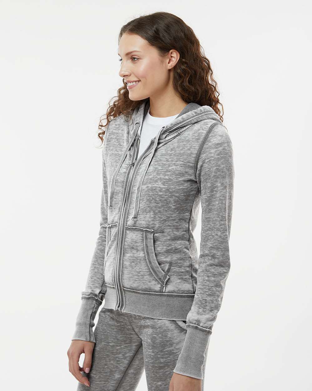 Women's Zen Fleece Full-Zip Hooded Sweatshirt - OnModelSide - B88328092 - Cement