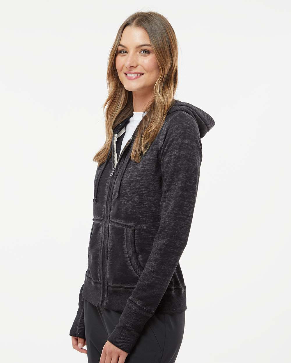 Women's Zen Fleece Full-Zip Hooded Sweatshirt - OnModelSide - B88328502 - Twisted Black