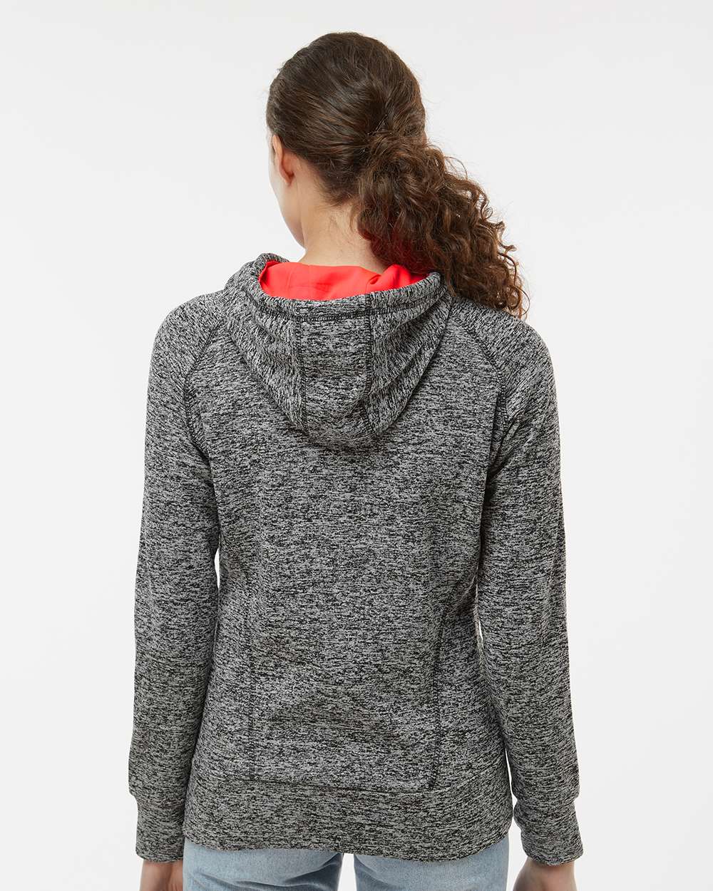 Women’s Cosmic Fleece Hooded Sweatshirt - OnModelBack - B54028093 - Charcoal Fleck/ Fire Coral
