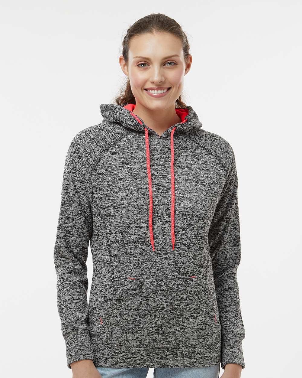 Women’s Cosmic Fleece Hooded Sweatshirt - OnModelFront - B54028093 - Charcoal Fleck/ Fire Coral