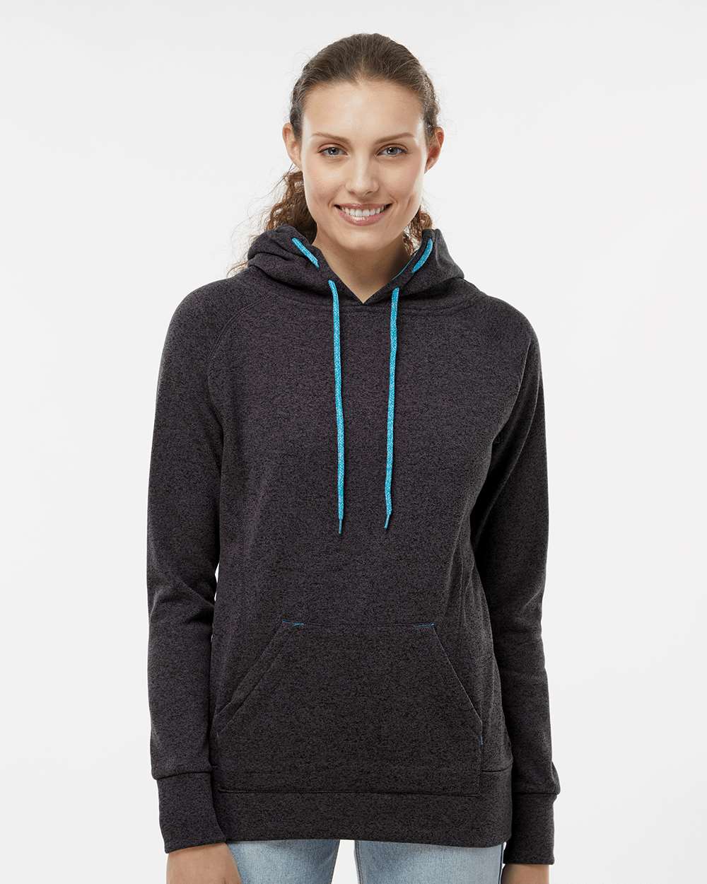 Women’s Cosmic Fleece Hooded Sweatshirt - OnModelFront - B54028343 - Onyx Fleck/ Electric Blue