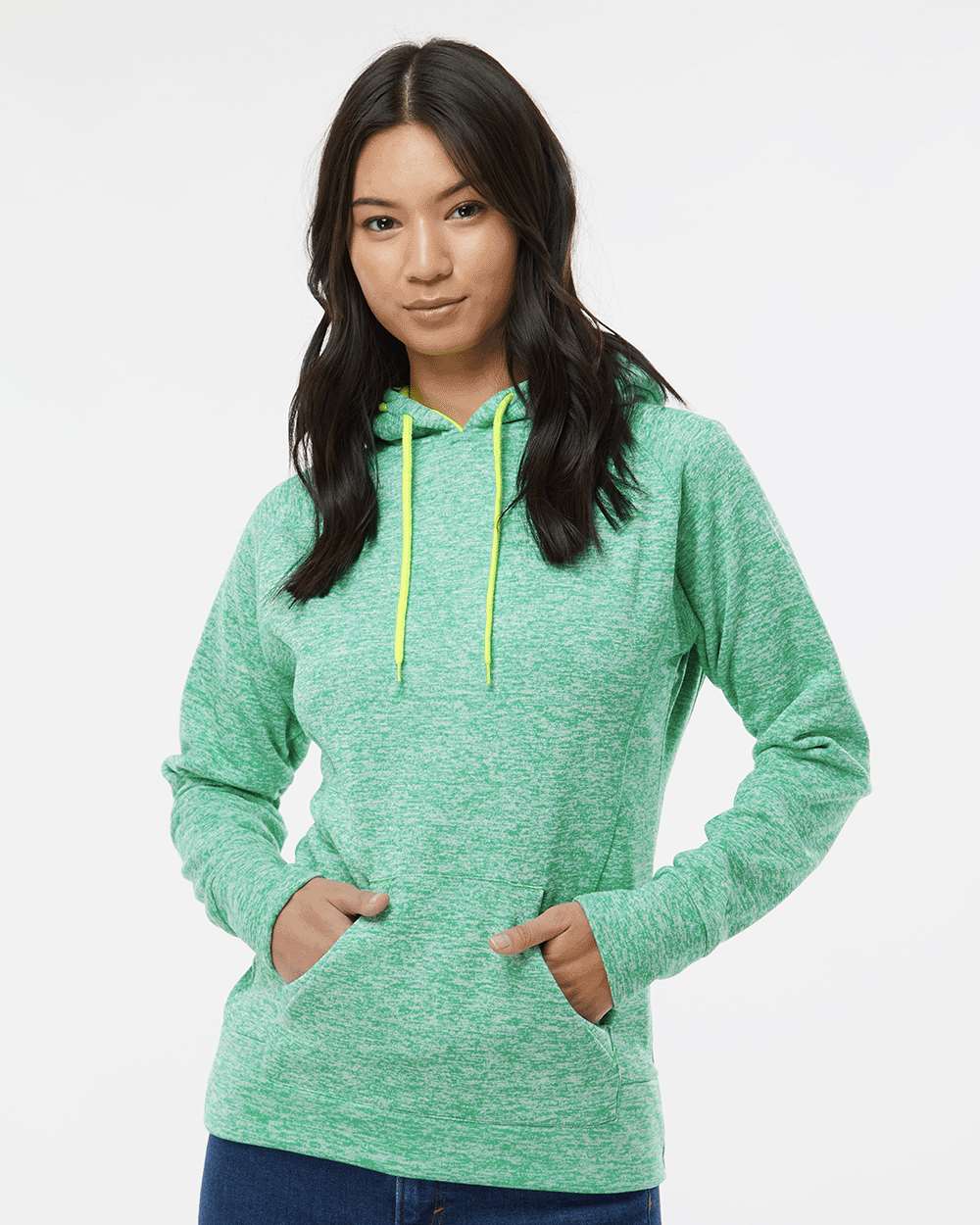 Women’s Cosmic Fleece Hooded Sweatshirt - OnModelFront - B54028404 - Emerald/ Neon Yellow