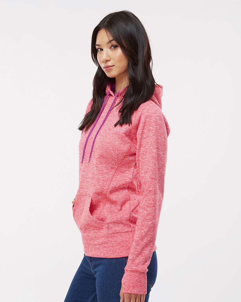 Women’s Cosmic Fleece Hooded Sweatshirt - OnModelSide - B54028273 - Fire Coral/ Magenta