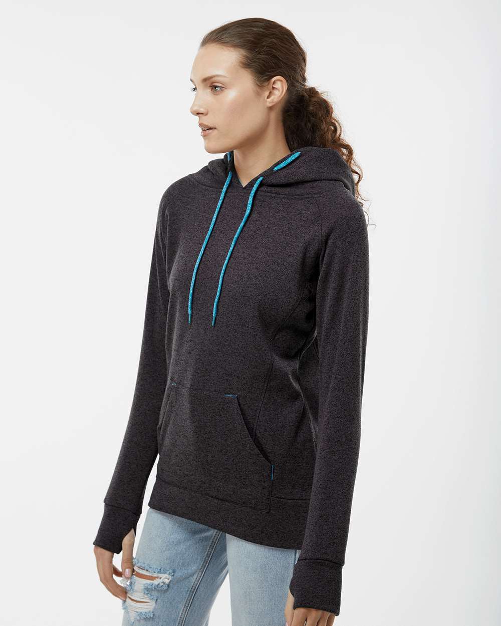 Women’s Cosmic Fleece Hooded Sweatshirt - OnModelSide - B54028343 - Onyx Fleck/ Electric Blue