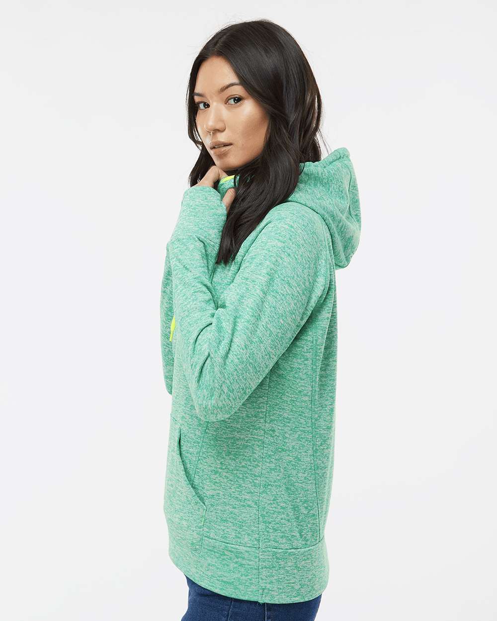 Women’s Cosmic Fleece Hooded Sweatshirt - OnModelSide - B54028404 - Emerald/ Neon Yellow