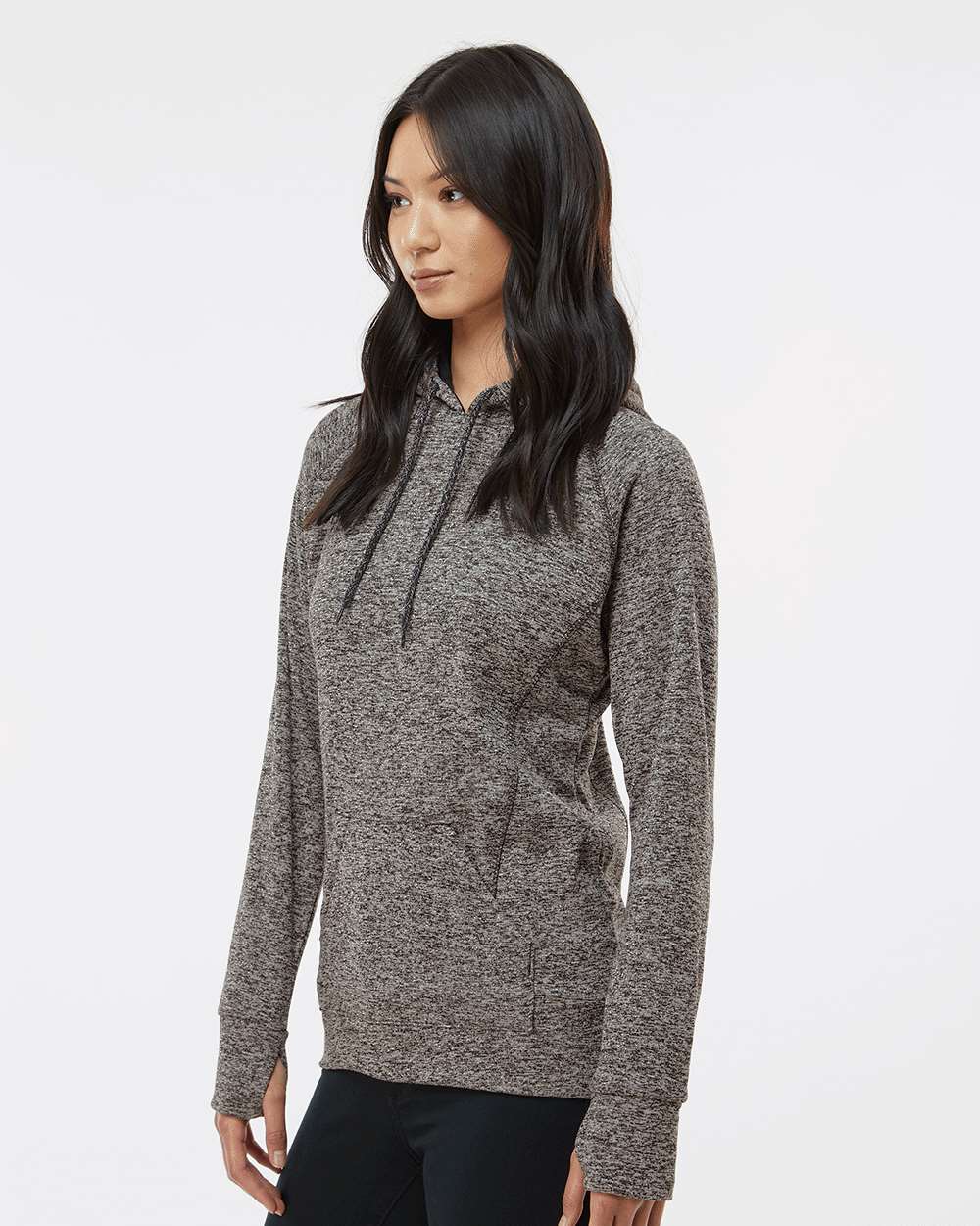 Women’s Cosmic Fleece Hooded Sweatshirt - OnModelSide - B54028503 - Charcoal Fleck/ Black