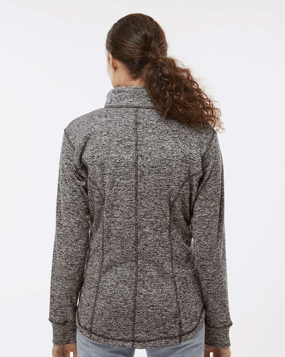 Women's Cosmic Fleece Quarter-Zip Pullover - OnModelBack - B24628093 - Charcoal Fleck/ Fire Coral