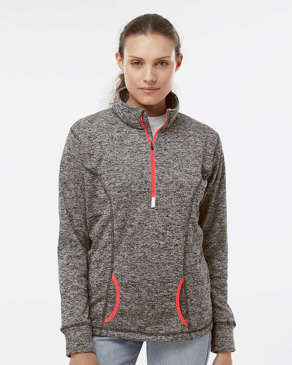 Women's Cosmic Fleece Quarter-Zip Pullover - OnModelFront - B24628093 - Charcoal Fleck/ Fire Coral