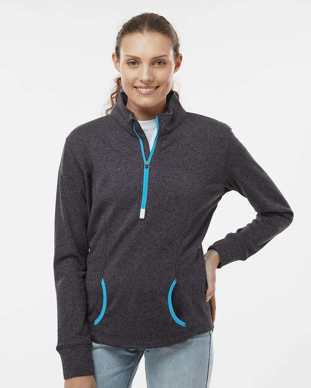 Women's Cosmic Fleece Quarter-Zip Pullover - OnModelFront - B24628343 - Onyx Fleck/ Electric Blue