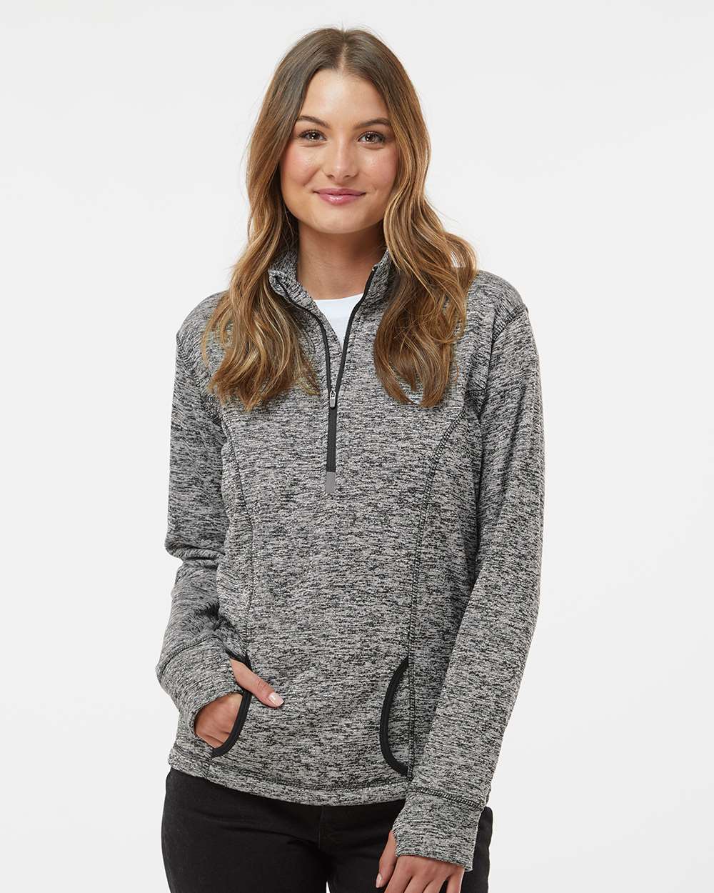Women's Cosmic Fleece Quarter-Zip Pullover - OnModelFront - B24628503 - Charcoal Fleck/ Black