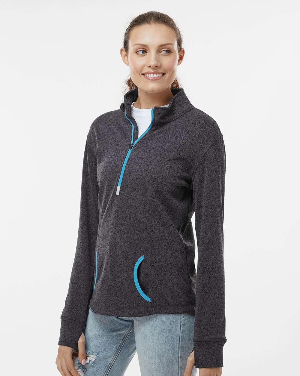 Women's Cosmic Fleece Quarter-Zip Pullover - OnModelSide - B24628343 - Onyx Fleck/ Electric Blue
