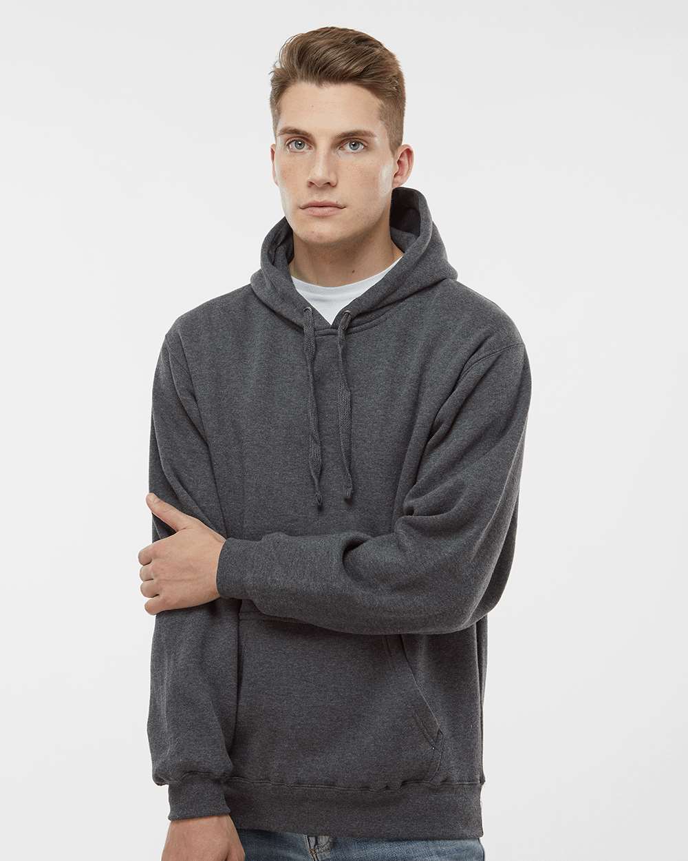 Men's Premium Hooded Sweatshirt - OnModelFront - B22228092 - Charcoal Heather