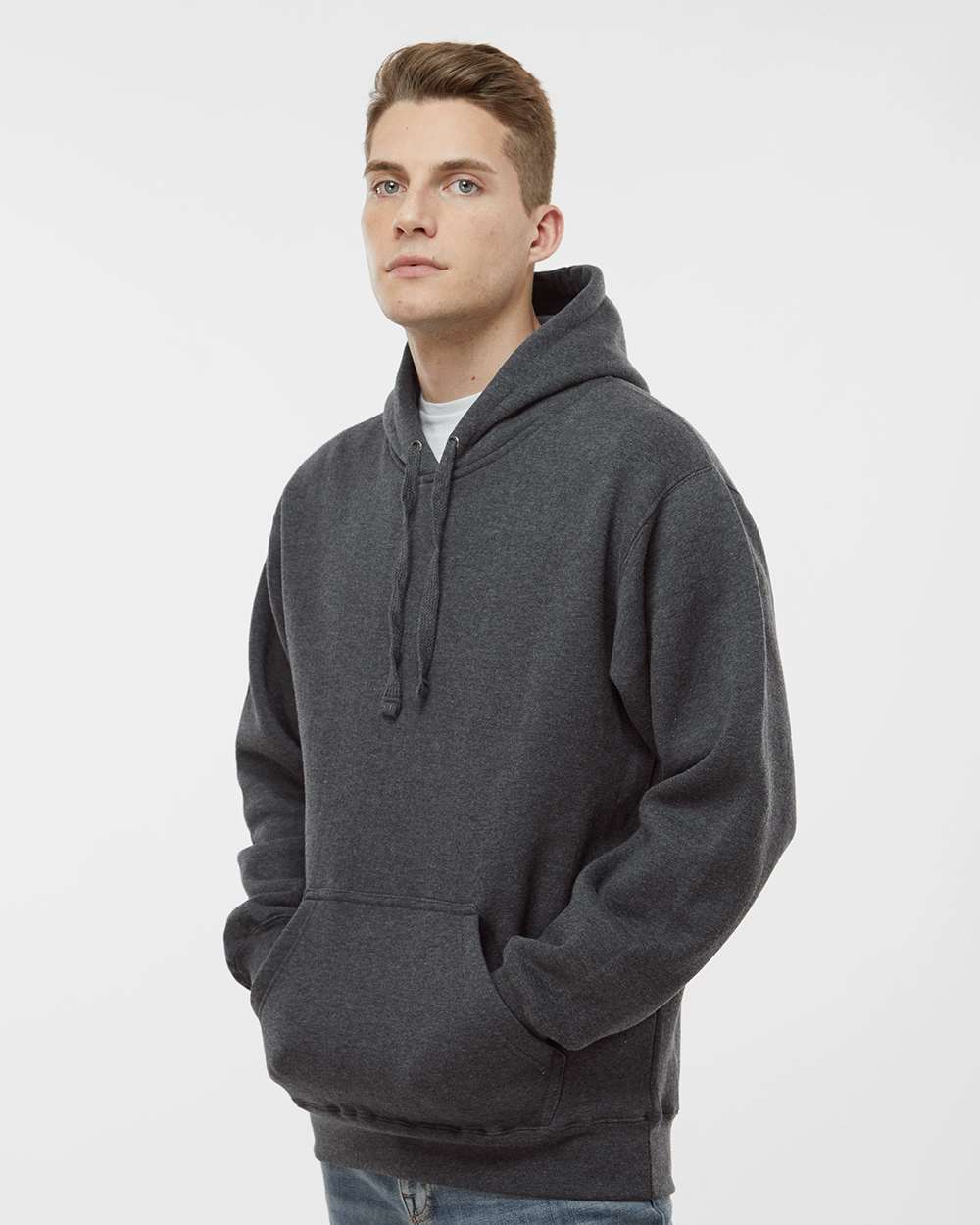 Men's Premium Hooded Sweatshirt - OnModelSide - B22228092 - Charcoal Heather