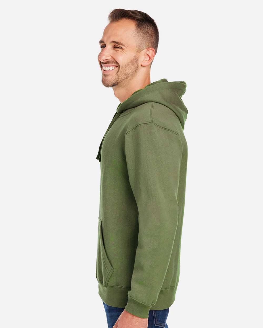 Men's Premium Hooded Sweatshirt - OnModelSide - B22228642 - Military Green