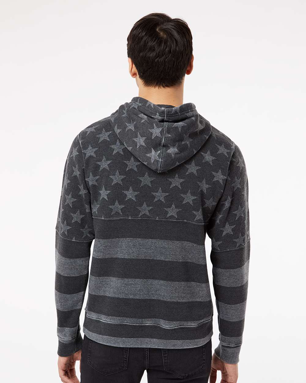 Men's Triblend Fleece Hooded Sweatshirt - OnModelBack - B23628442 - Black Stars & Stripes Triblend