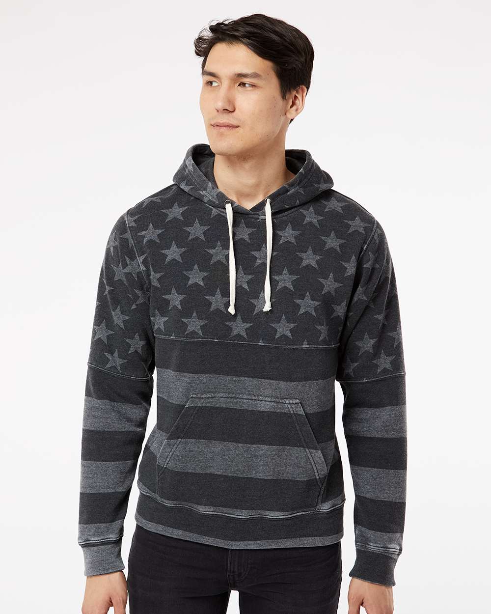 Men's Triblend Fleece Hooded Sweatshirt - OnModelFront - B23628442 - Black Stars & Stripes Triblend