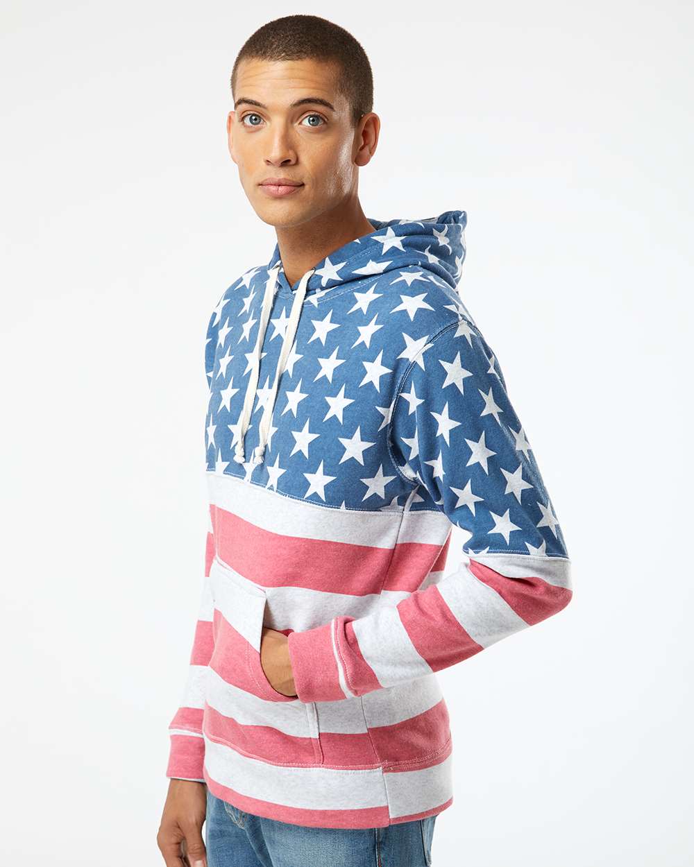 Men's Triblend Fleece Hooded Sweatshirt - OnModelFront - B23628452 - Stars & Stripes Triblend