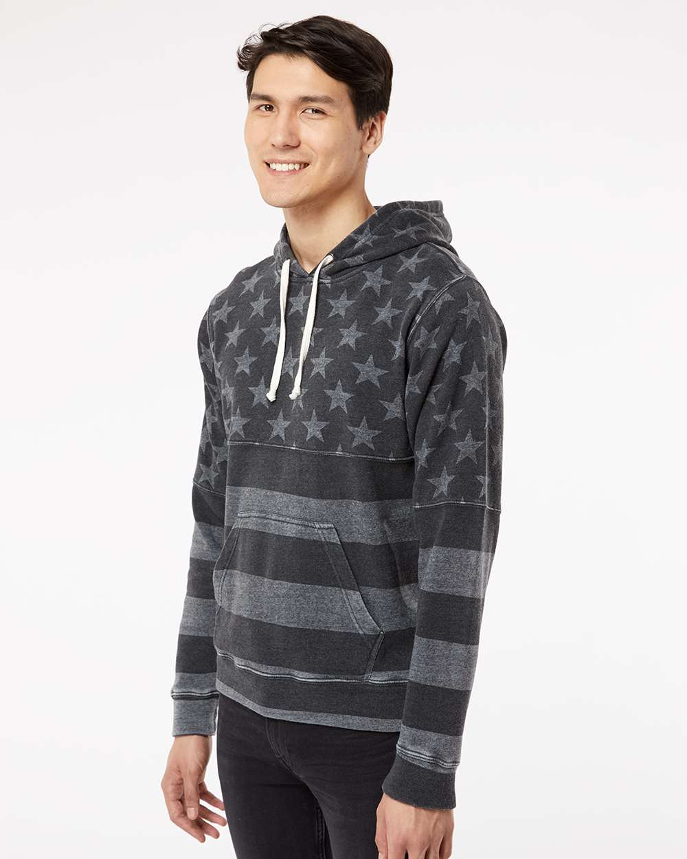 Men's Triblend Fleece Hooded Sweatshirt - OnModelSide - B23628442 - Black Stars & Stripes Triblend