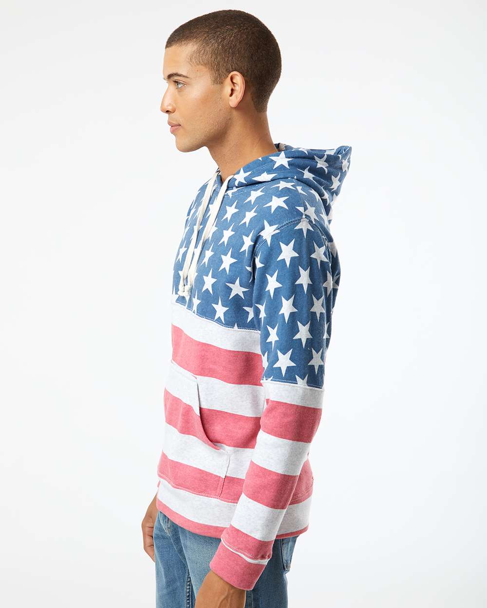 Men's Triblend Fleece Hooded Sweatshirt - OnModelSide - B23628452 - Stars & Stripes Triblend