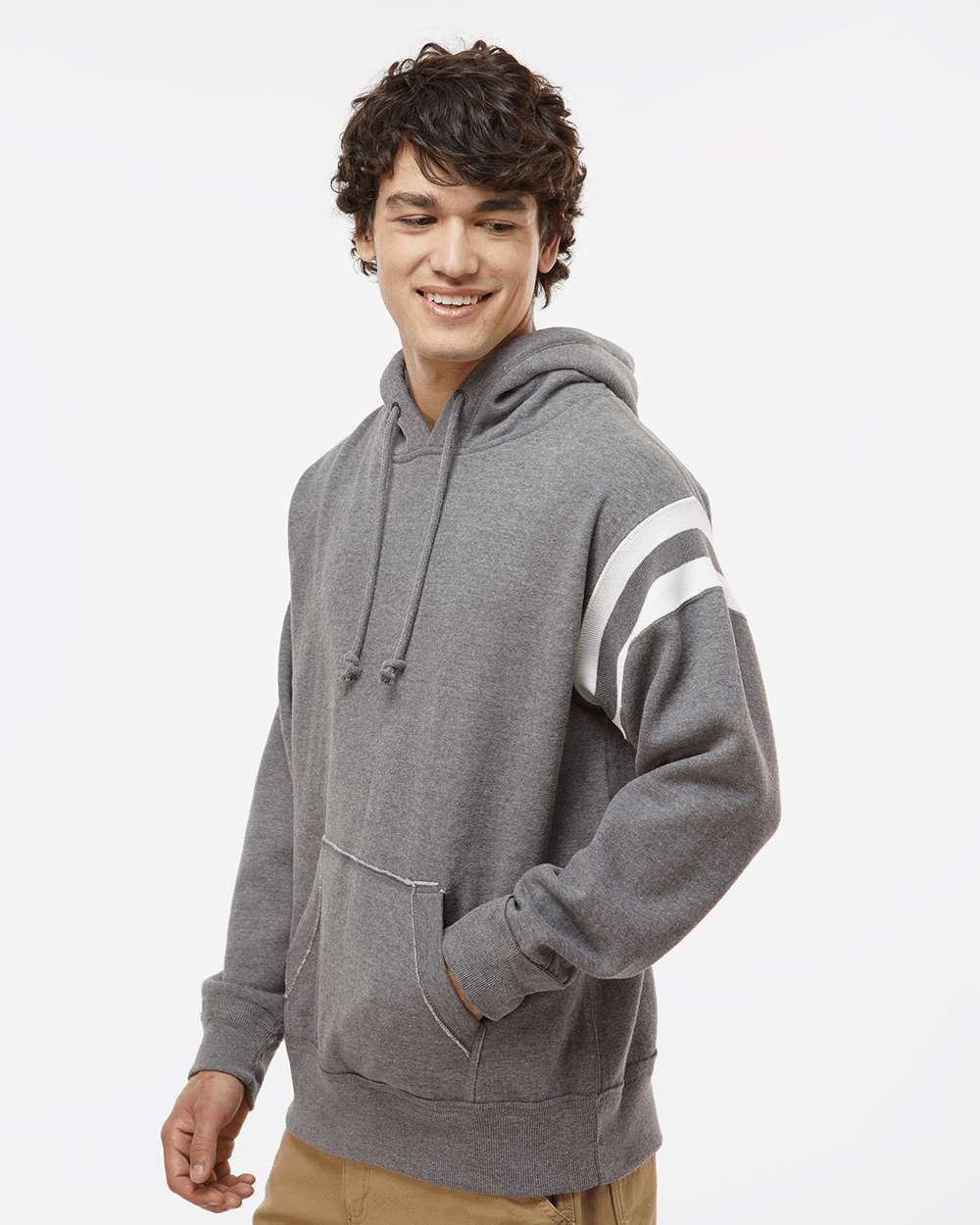 Men's Vintage Athletic Hooded Sweatshirt - OnModelSide - B84028513 - Smoke Heather