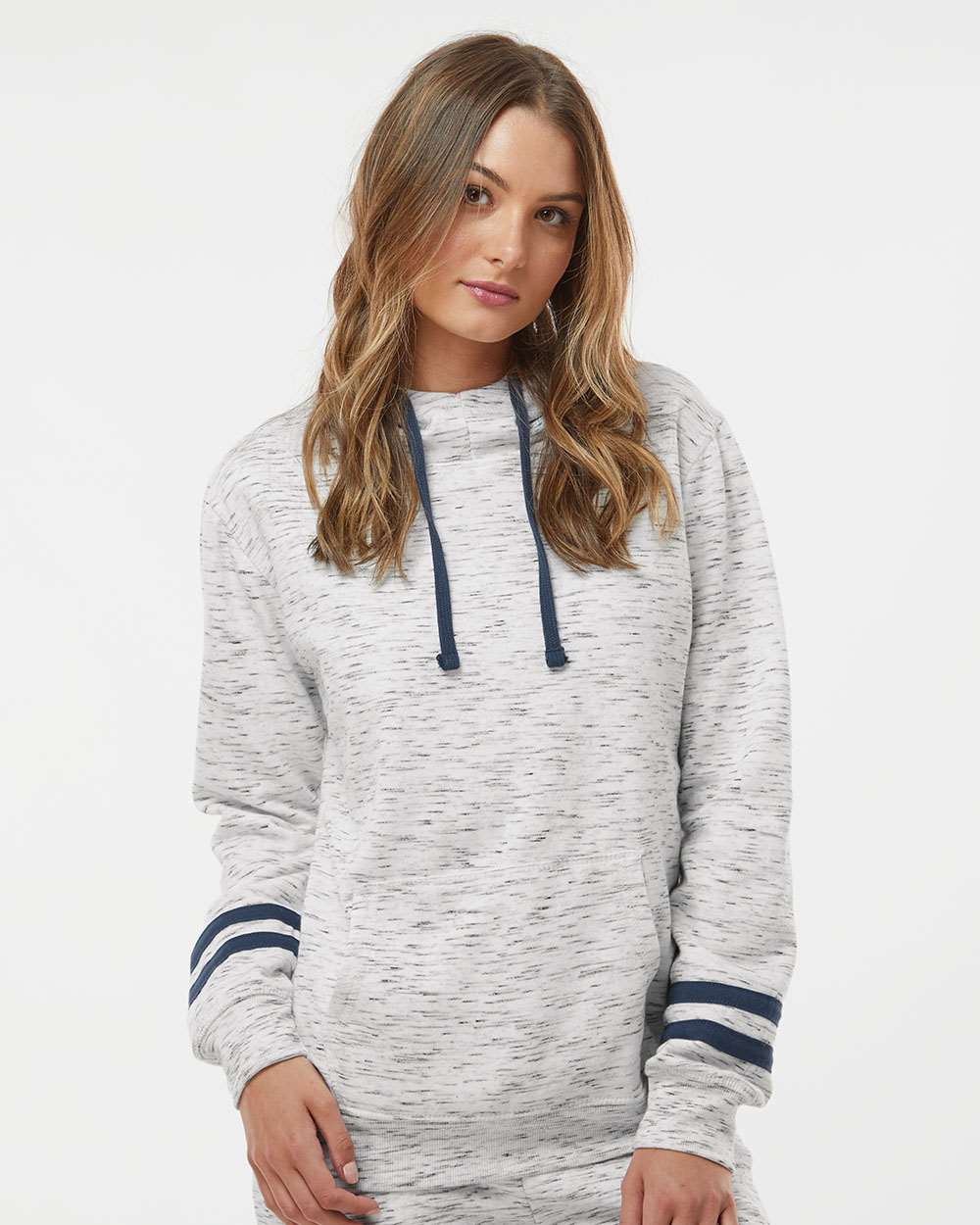 Women’s Mélange Fleece Striped-Sleeve Hooded Sweatshirt - OnModelFront - B57028653 - White/ Navy