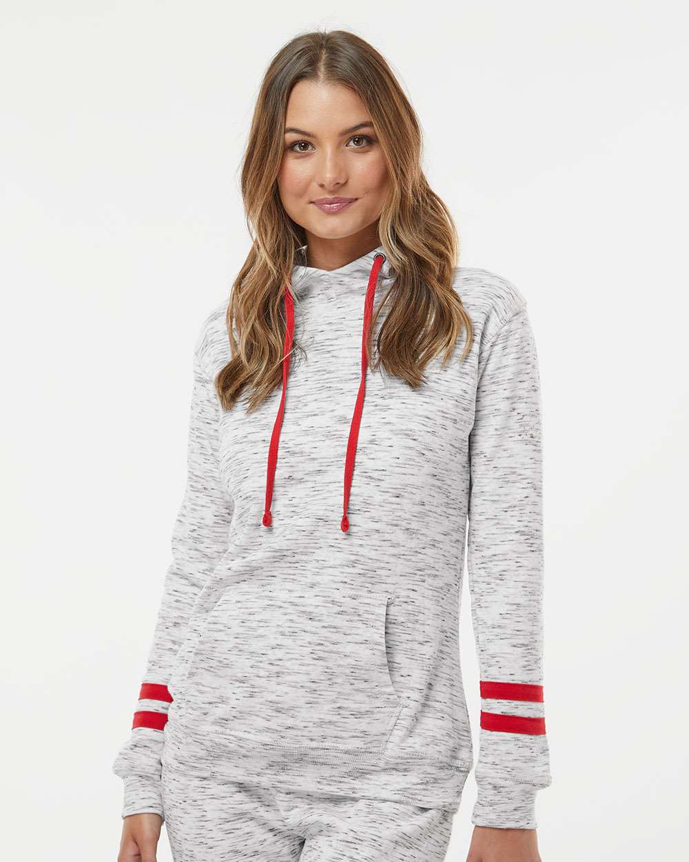 Women’s Mélange Fleece Striped-Sleeve Hooded Sweatshirt - OnModelFront - B57028703 - White/ Red