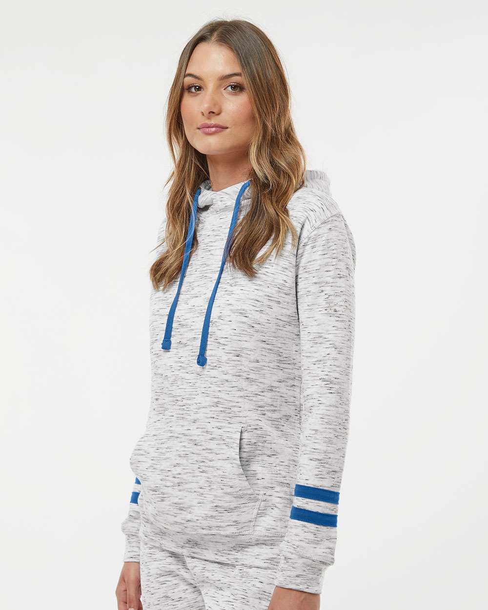 Women’s Mélange Fleece Striped-Sleeve Hooded Sweatshirt - OnModelSide - B57028753 - White/ Royal