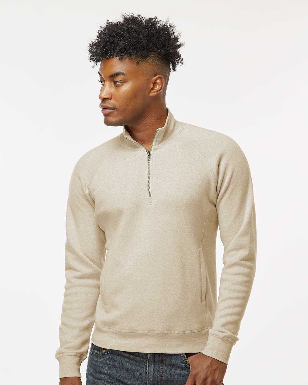 Men's Triblend Quarter-Zip Sweatshirt - OnModelFront - B33028368 - Oatmeal Triblend