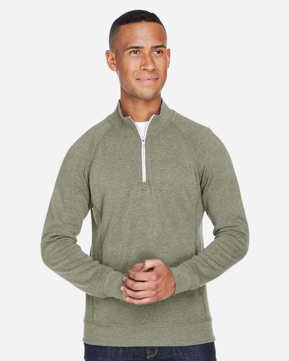 Men's Triblend Quarter-Zip Sweatshirt - OnModelFront - B33028648 - Olive Triblend