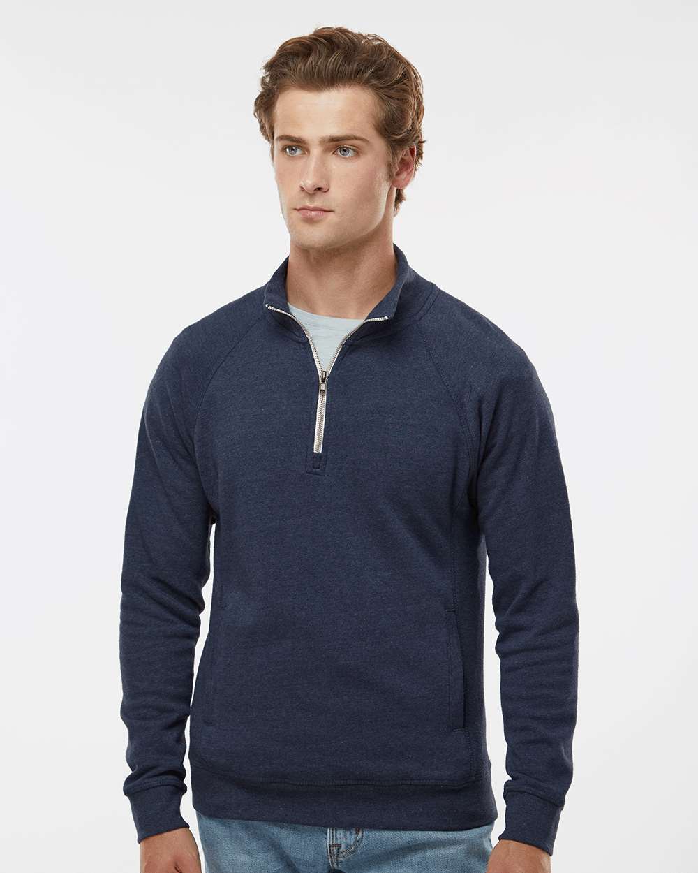 Men's Triblend Quarter-Zip Sweatshirt - OnModelFront - B33028658 - True Navy Triblend